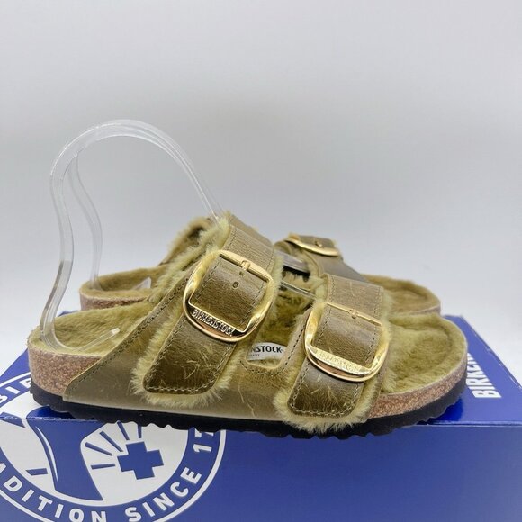 Birkenstock Arizona Big Buckle Shearling Olive Green Sandals Oil Leather EU 40 - Picture 6 of 12